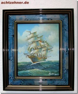 lbild Schiff mit lackiertem Holzrahmen 33 x 38 cm