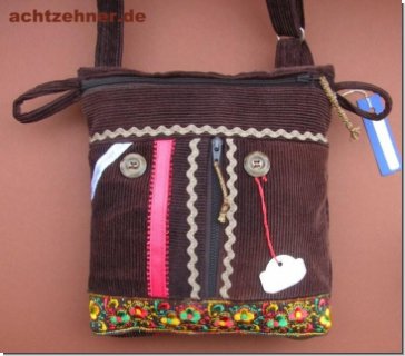 Kleine Umhngetasche braun Folklore Kord 19 x 19 cm